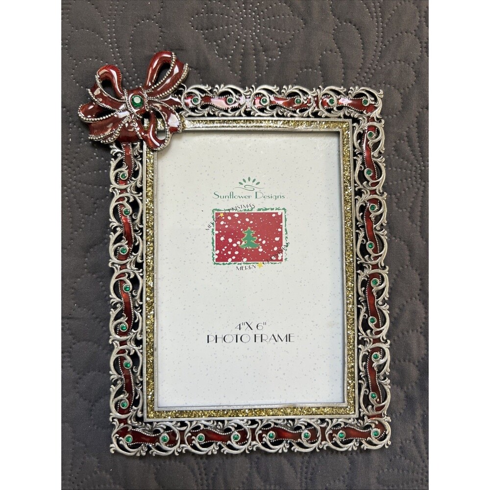 VTG Pewter, Enamel & Jewels 4x6 Christmas Frame Sunflower Designs Holiday Decor